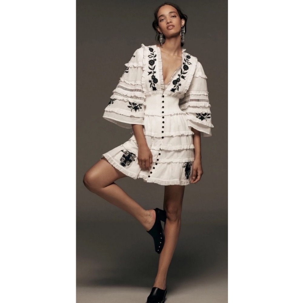 Anthropologie White Mini Dress with Black Embroidery